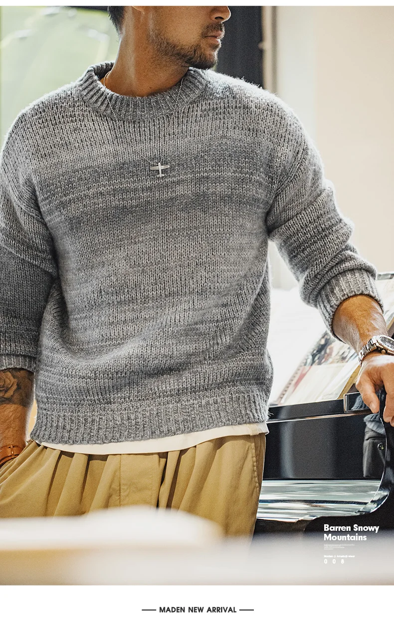 Maden Men's Vintage Gradient Stripe Sweater Round Neck Blended Knitted Pullover Warm Base-layer knitwear for Autumn and Winter