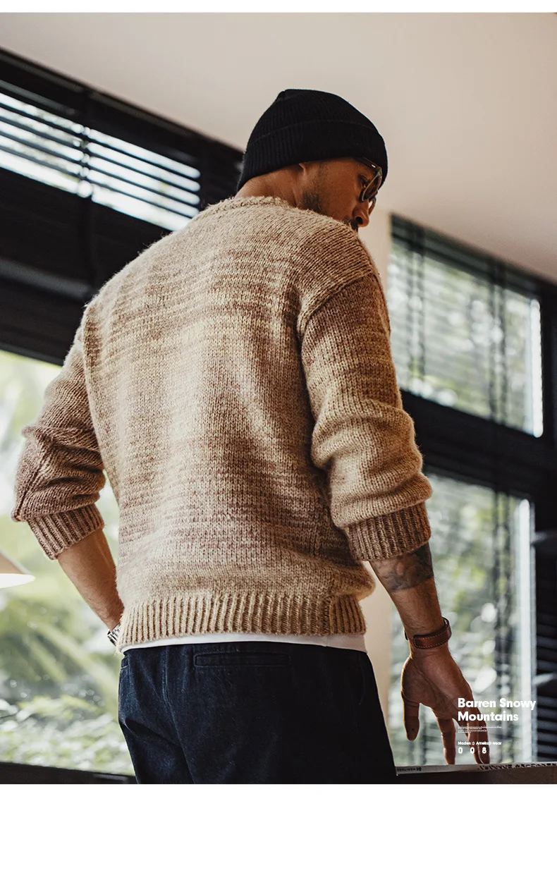 Maden Men's Vintage Gradient Stripe Sweater Round Neck Blended Knitted Pullover Warm Base-layer knitwear for Autumn and Winter