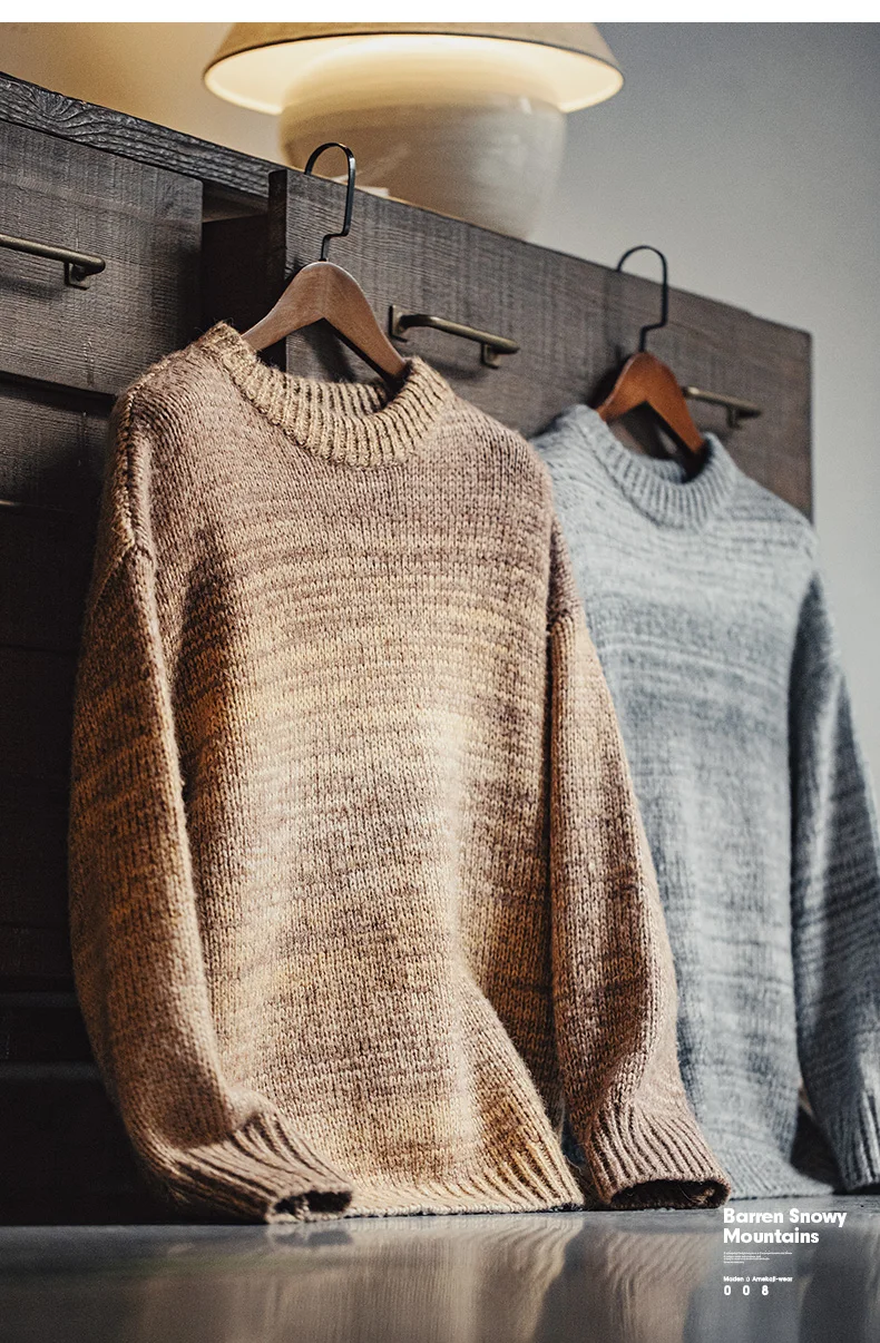 Maden Men's Vintage Gradient Stripe Sweater Round Neck Blended Knitted Pullover Warm Base-layer knitwear for Autumn and Winter