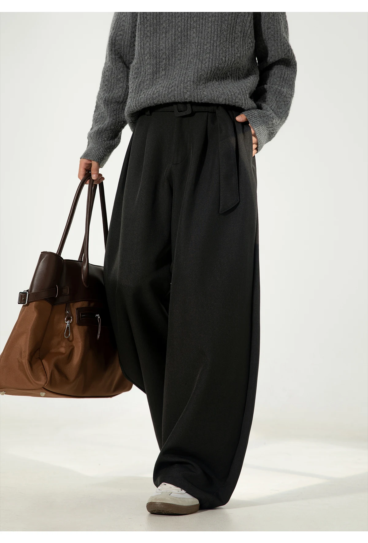 HANGLU 2025 Men's 3D Pleated Trousers J-Cut Drape Wide Leg Old Money Style Belted Formal Casual Slim Fit Pants