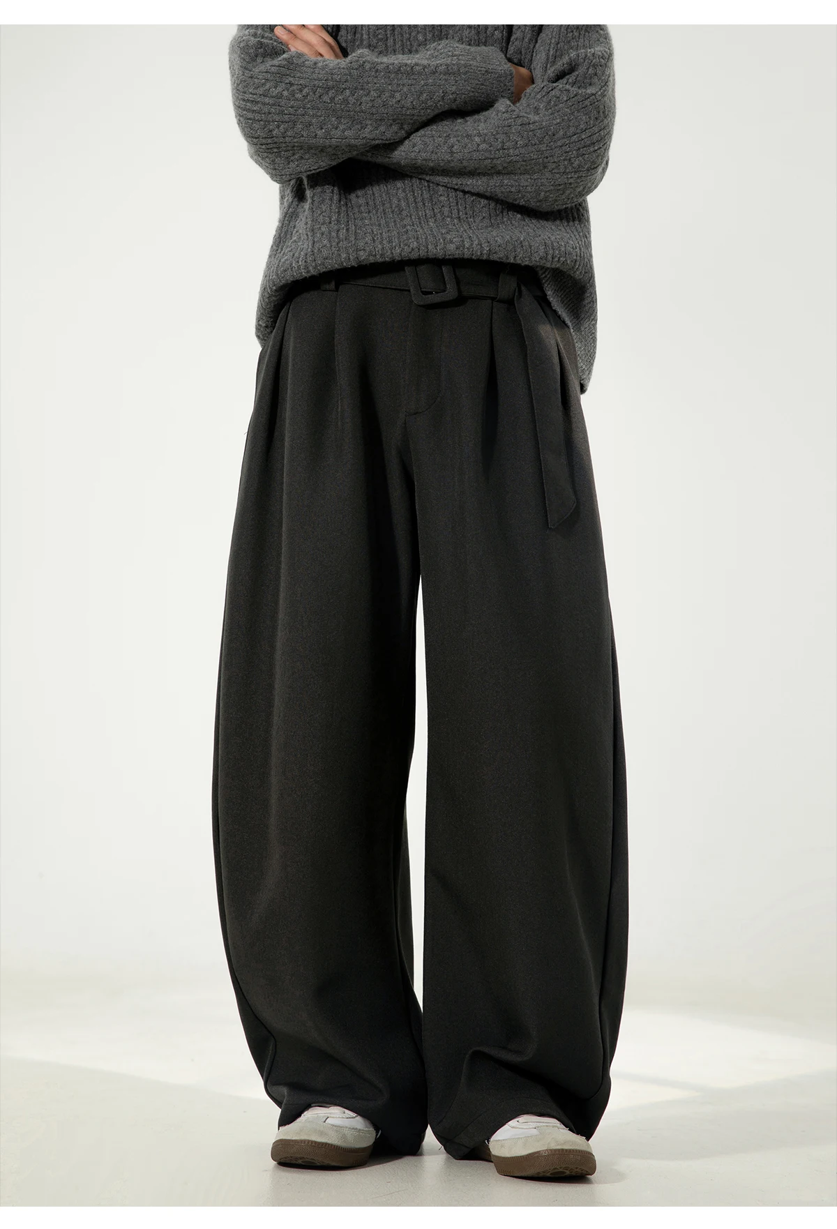 HANGLU 2025 Men's 3D Pleated Trousers J-Cut Drape Wide Leg Old Money Style Belted Formal Casual Slim Fit Pants