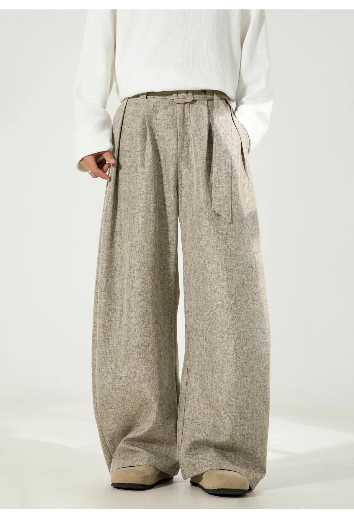HANGLU 2025 Men's 3D Pleated Trousers J-Cut Drape Wide Leg Old Money Style Belted Formal Casual Slim Fit Pants