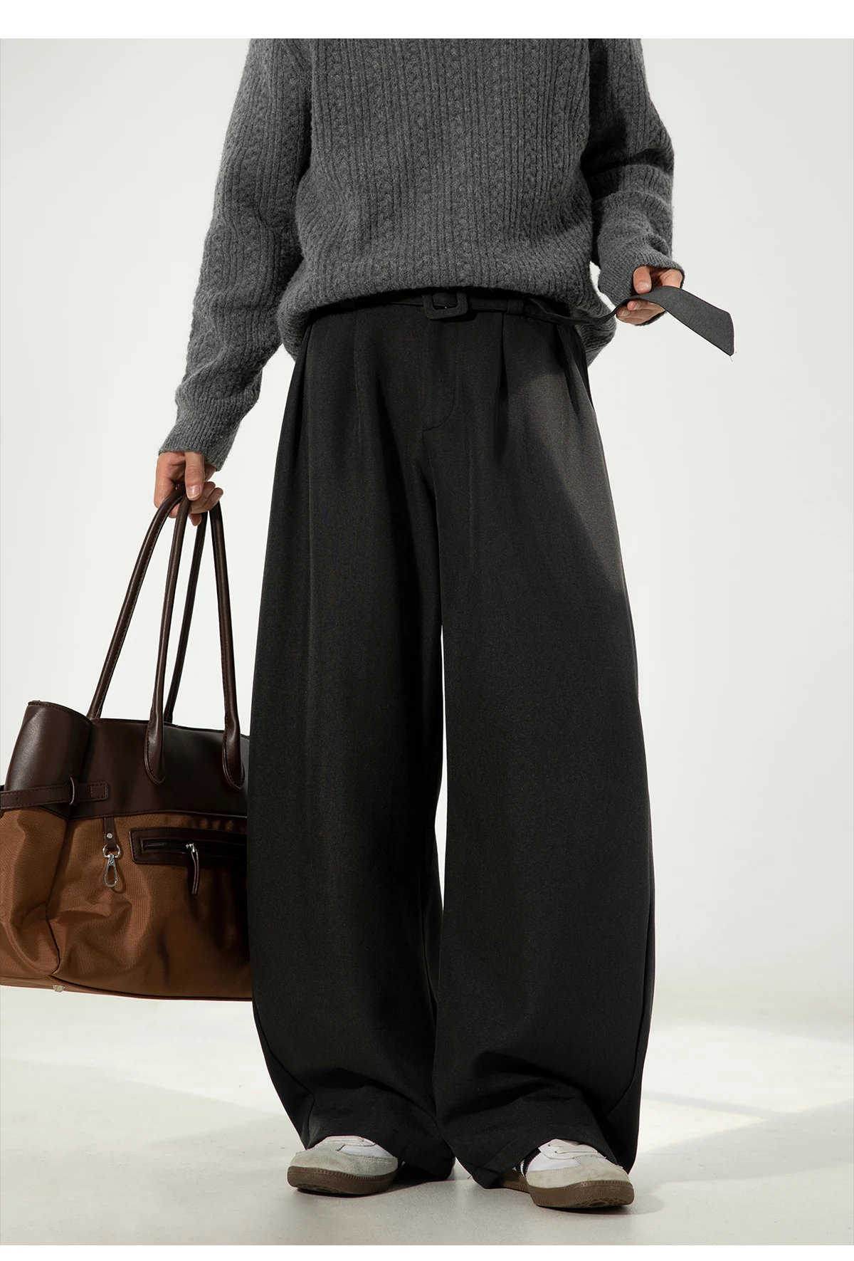HANGLU 2025 Men's 3D Pleated Trousers J-Cut Drape Wide Leg Old Money Style Belted Formal Casual Slim Fit Pants