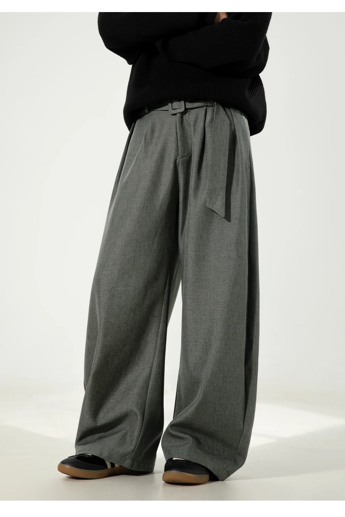 HANGLU 2025 Men's 3D Pleated Trousers J-Cut Drape Wide Leg Old Money Style Belted Formal Casual Slim Fit Pants