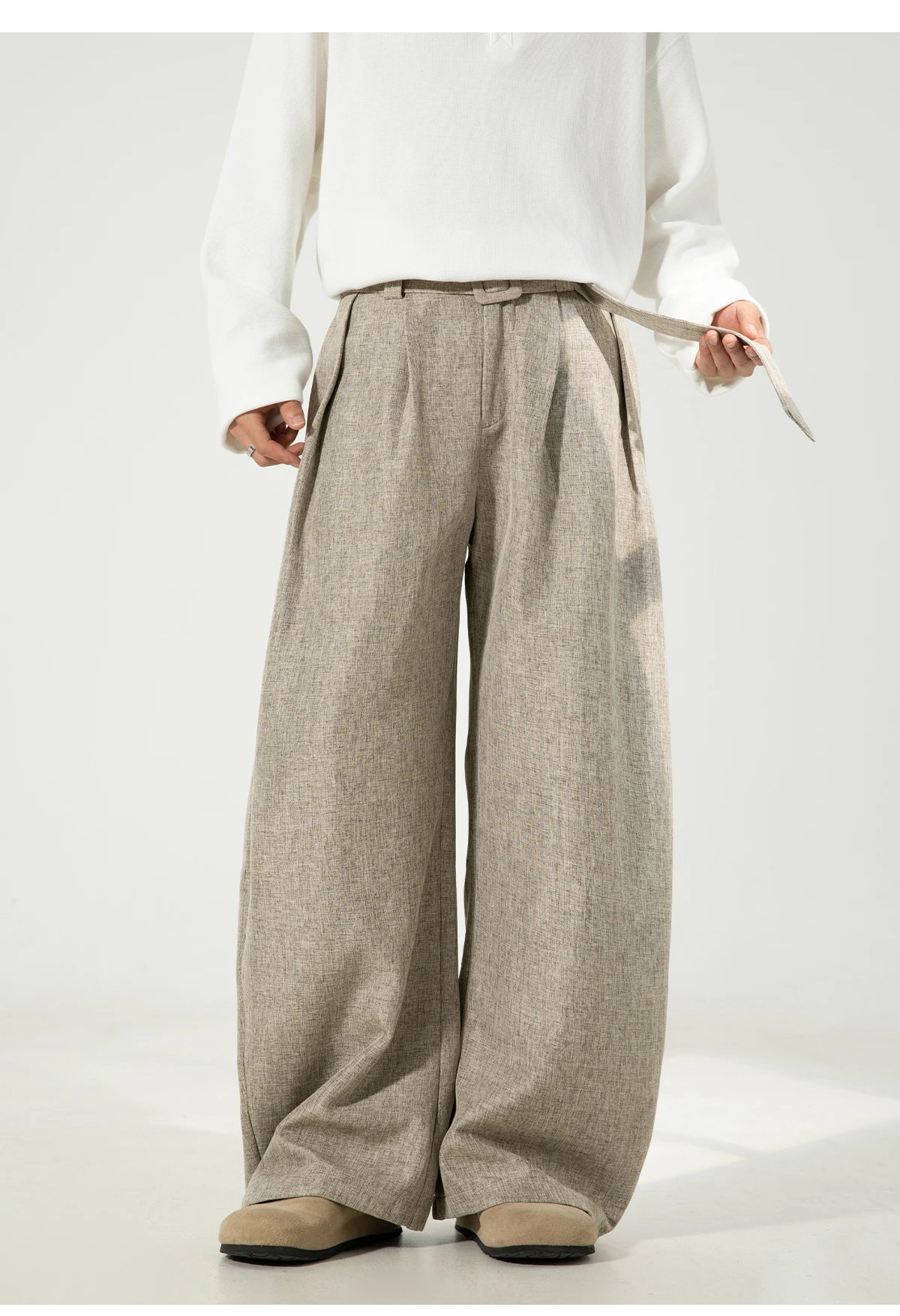 HANGLU 2025 Men's 3D Pleated Trousers J-Cut Drape Wide Leg Old Money Style Belted Formal Casual Slim Fit Pants
