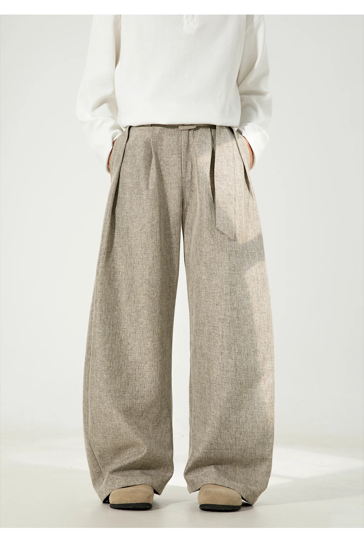 HANGLU 2025 Men's 3D Pleated Trousers J-Cut Drape Wide Leg Old Money Style Belted Formal Casual Slim Fit Pants