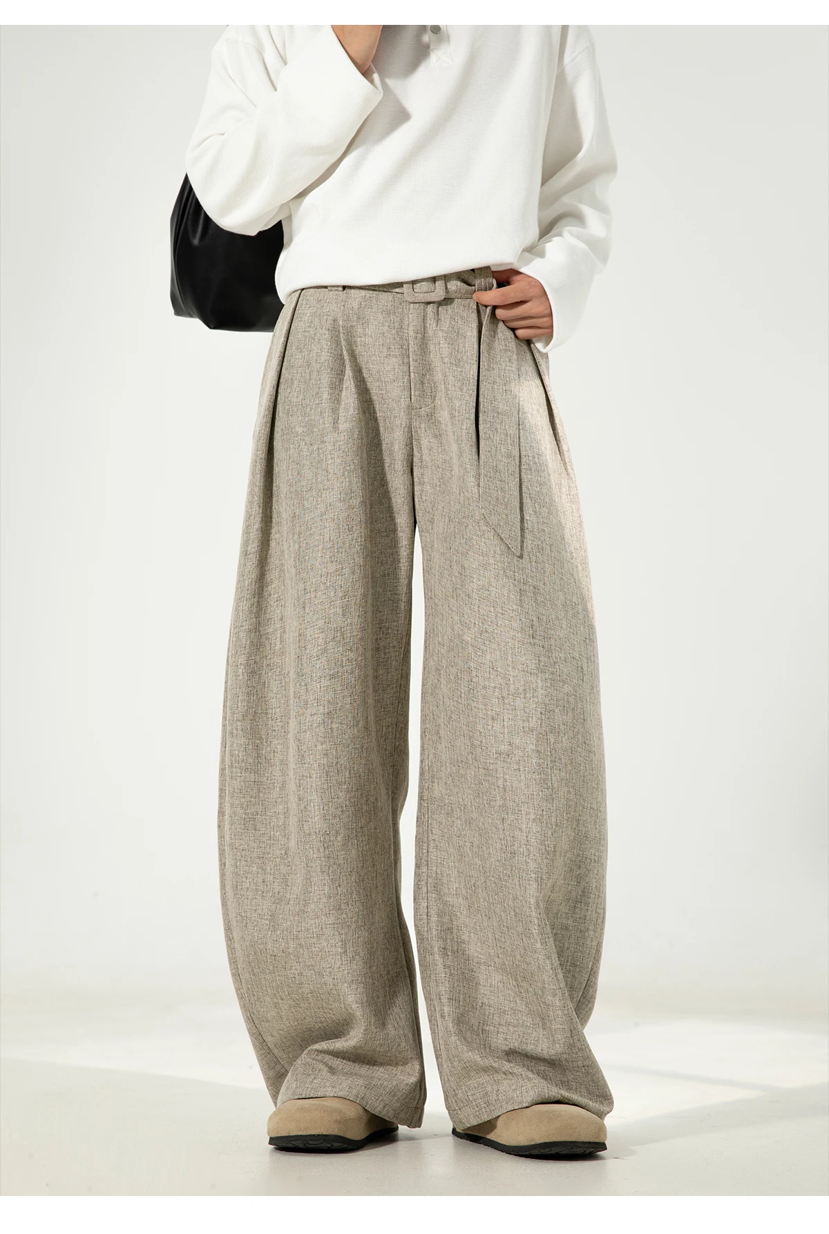HANGLU 2025 Men's 3D Pleated Trousers J-Cut Drape Wide Leg Old Money Style Belted Formal Casual Slim Fit Pants