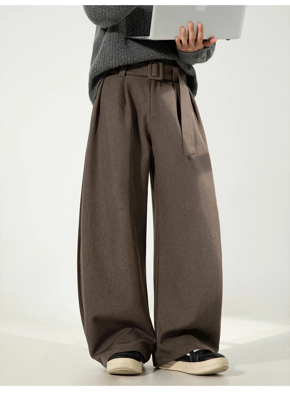 HANGLU 2025 Men's 3D Pleated Trousers J-Cut Drape Wide Leg Old Money Style Belted Formal Casual Slim Fit Pants