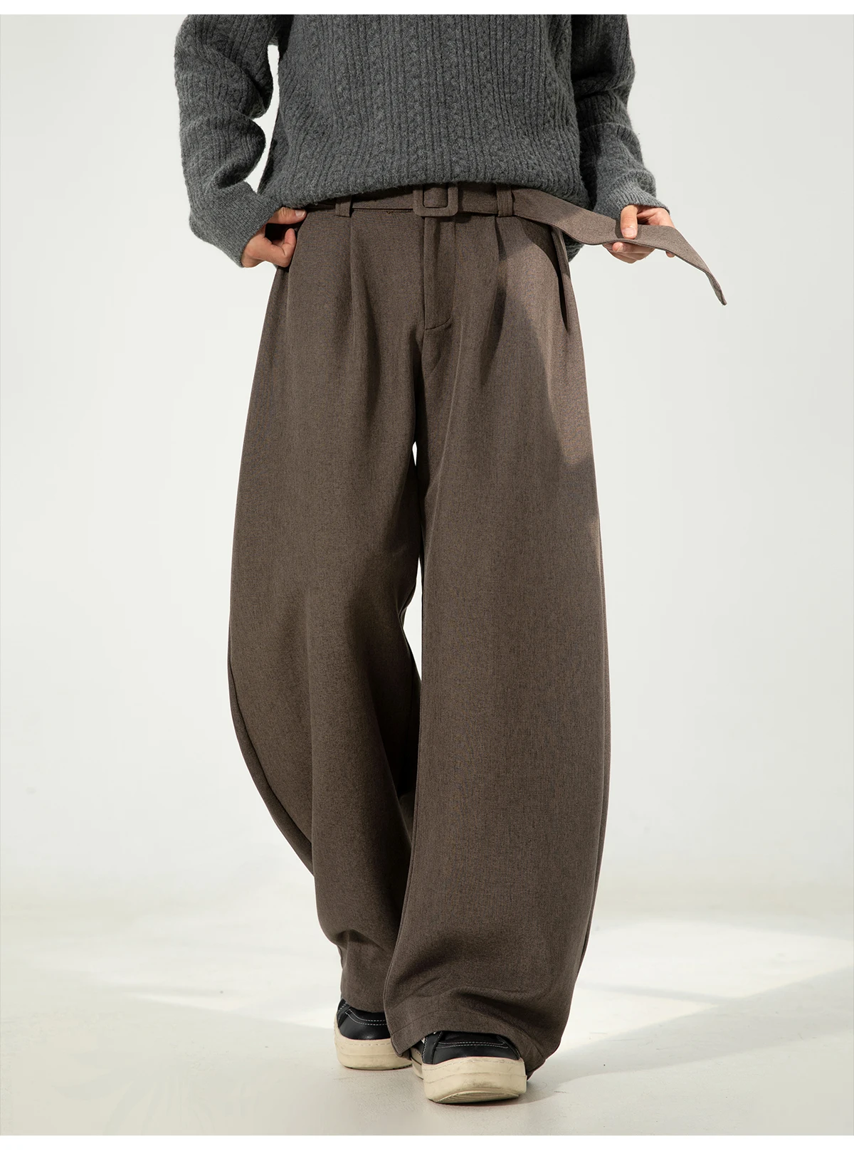 HANGLU 2025 Men's 3D Pleated Trousers J-Cut Drape Wide Leg Old Money Style Belted Formal Casual Slim Fit Pants