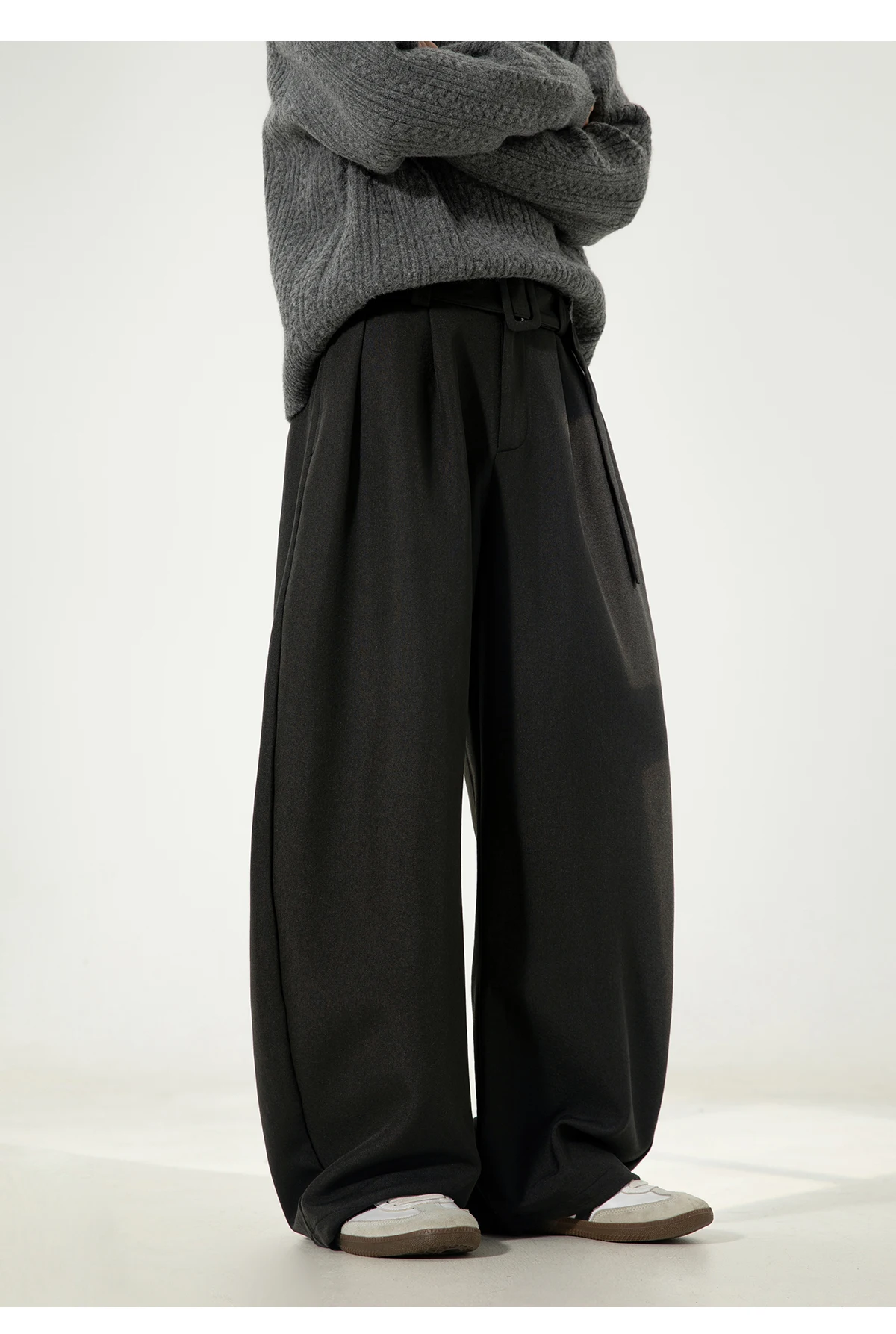 HANGLU 2025 Men's 3D Pleated Trousers J-Cut Drape Wide Leg Old Money Style Belted Formal Casual Slim Fit Pants