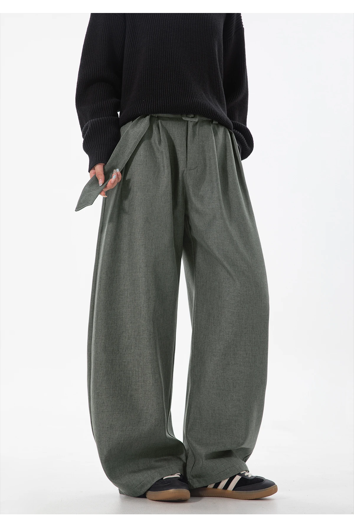 HANGLU 2025 Men's 3D Pleated Trousers J-Cut Drape Wide Leg Old Money Style Belted Formal Casual Slim Fit Pants