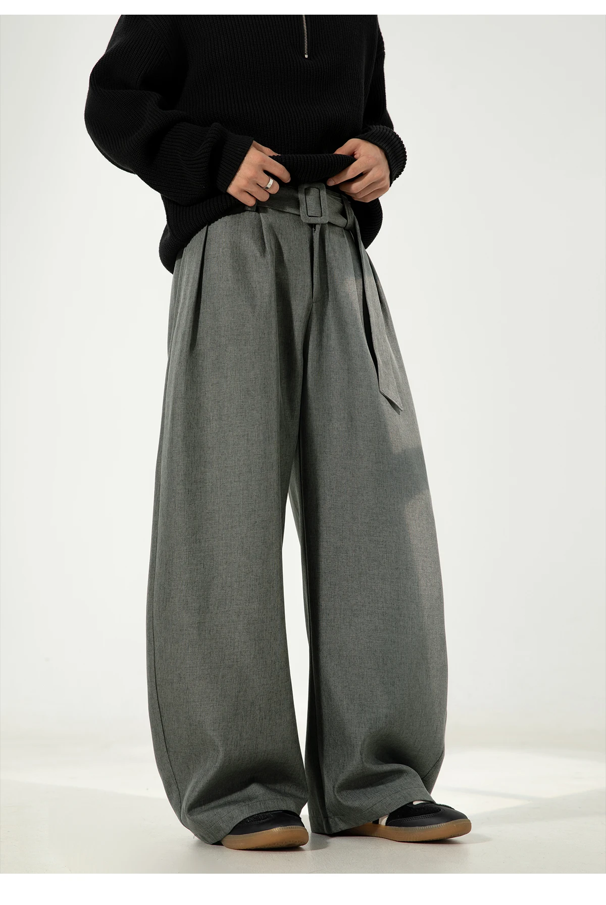 HANGLU 2025 Men's 3D Pleated Trousers J-Cut Drape Wide Leg Old Money Style Belted Formal Casual Slim Fit Pants