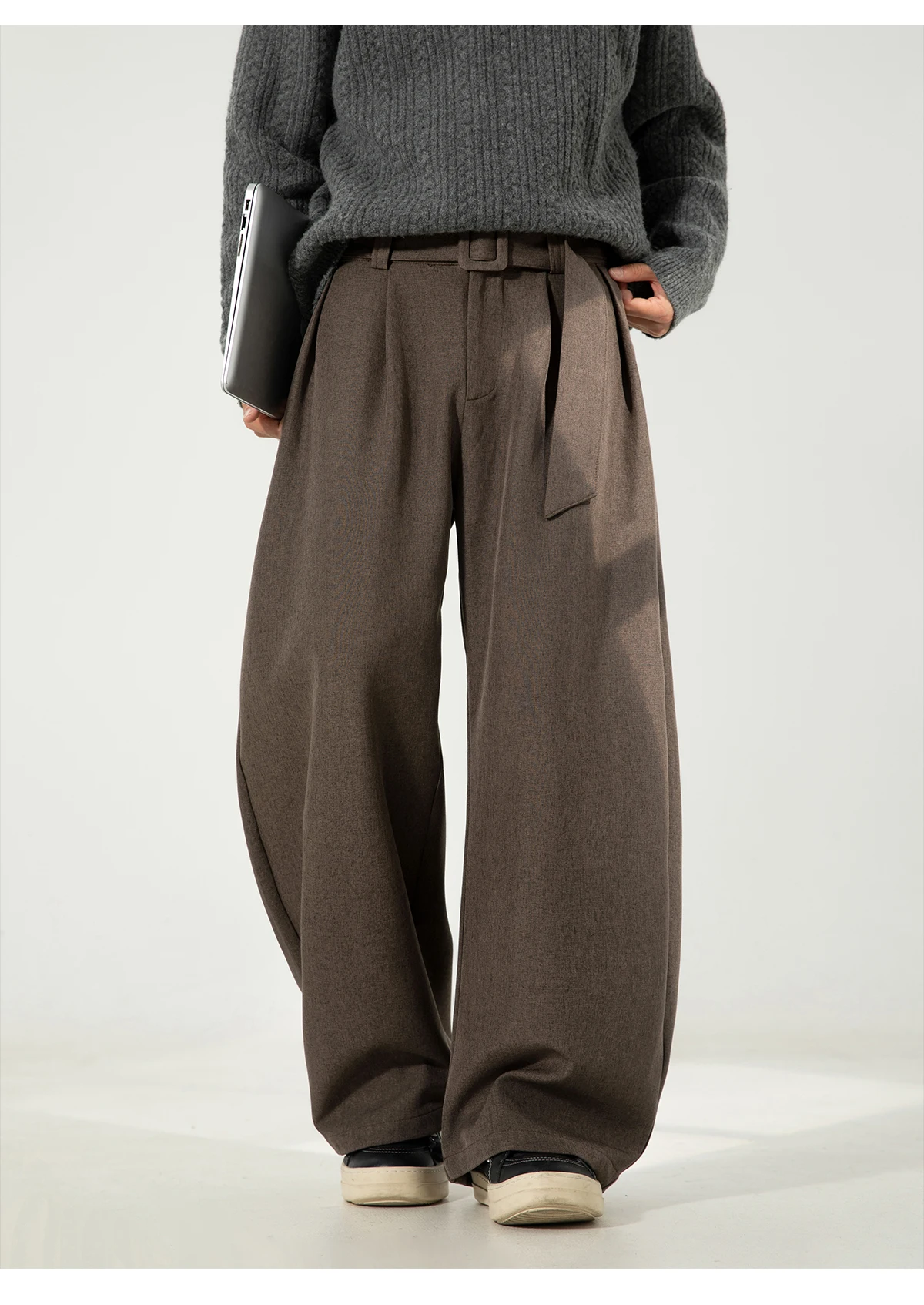 HANGLU 2025 Men's 3D Pleated Trousers J-Cut Drape Wide Leg Old Money Style Belted Formal Casual Slim Fit Pants