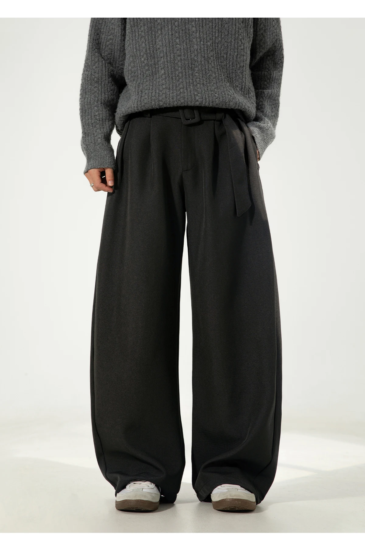 HANGLU 2025 Men's 3D Pleated Trousers J-Cut Drape Wide Leg Old Money Style Belted Formal Casual Slim Fit Pants