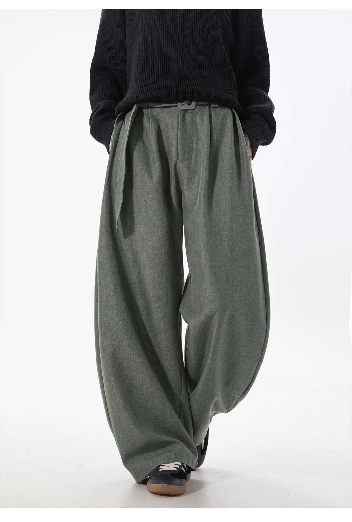 HANGLU 2025 Men's 3D Pleated Trousers J-Cut Drape Wide Leg Old Money Style Belted Formal Casual Slim Fit Pants