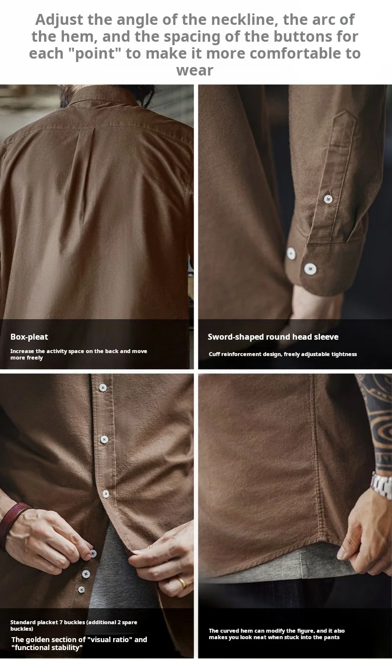 Maden Vintage Oxford Shirt Men's Brushed Cotton Long Sleeve Shirt Single-breasted Blouse Solid Color Layering Top for Autumn