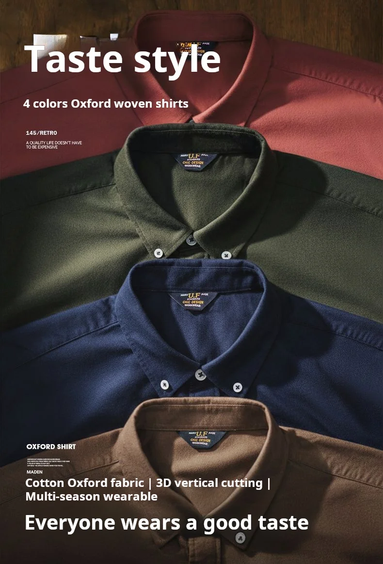 Maden Vintage Oxford Shirt Men's Brushed Cotton Long Sleeve Shirt Single-breasted Blouse Solid Color Layering Top for Autumn