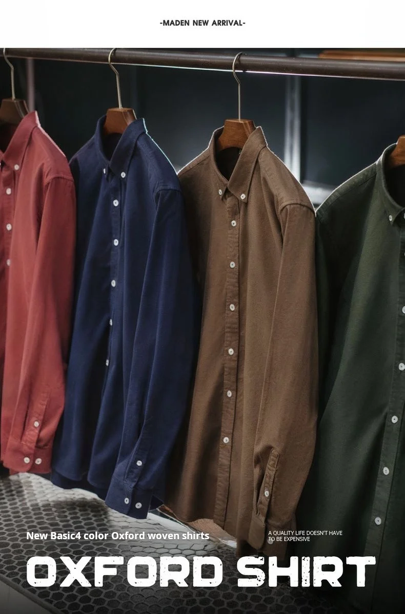 Maden Vintage Oxford Shirt Men's Brushed Cotton Long Sleeve Shirt Single-breasted Blouse Solid Color Layering Top for Autumn