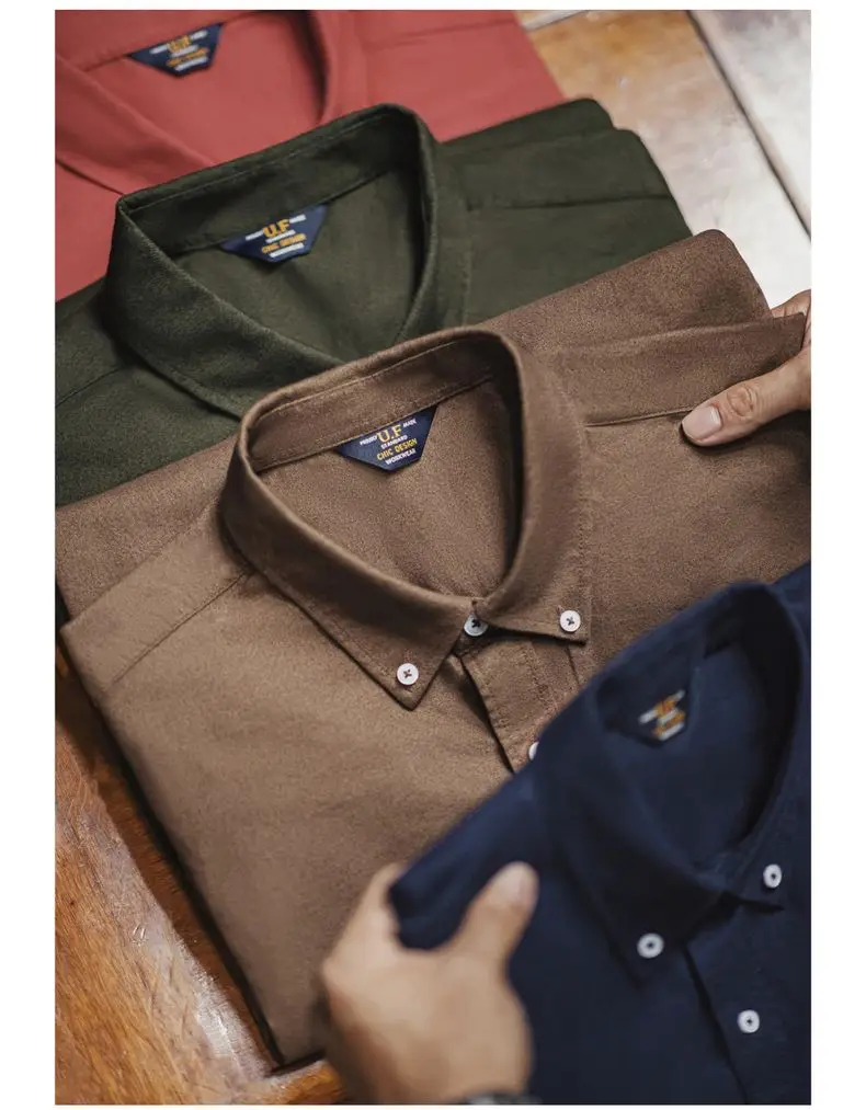 Maden Vintage Oxford Shirt Men's Brushed Cotton Long Sleeve Shirt Single-breasted Blouse Solid Color Layering Top for Autumn