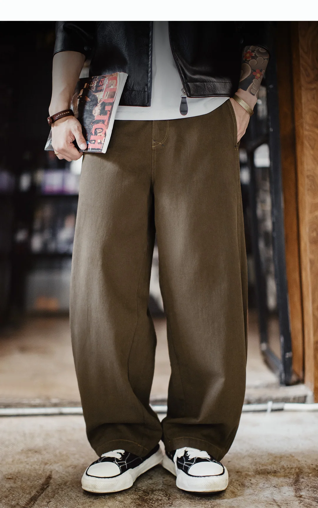 Maden Men's Heavyweight Khaki Workwear Pants Vintage Bootcut Wide Leg Trousers Baggy Fit Casual Streetwear American Retro