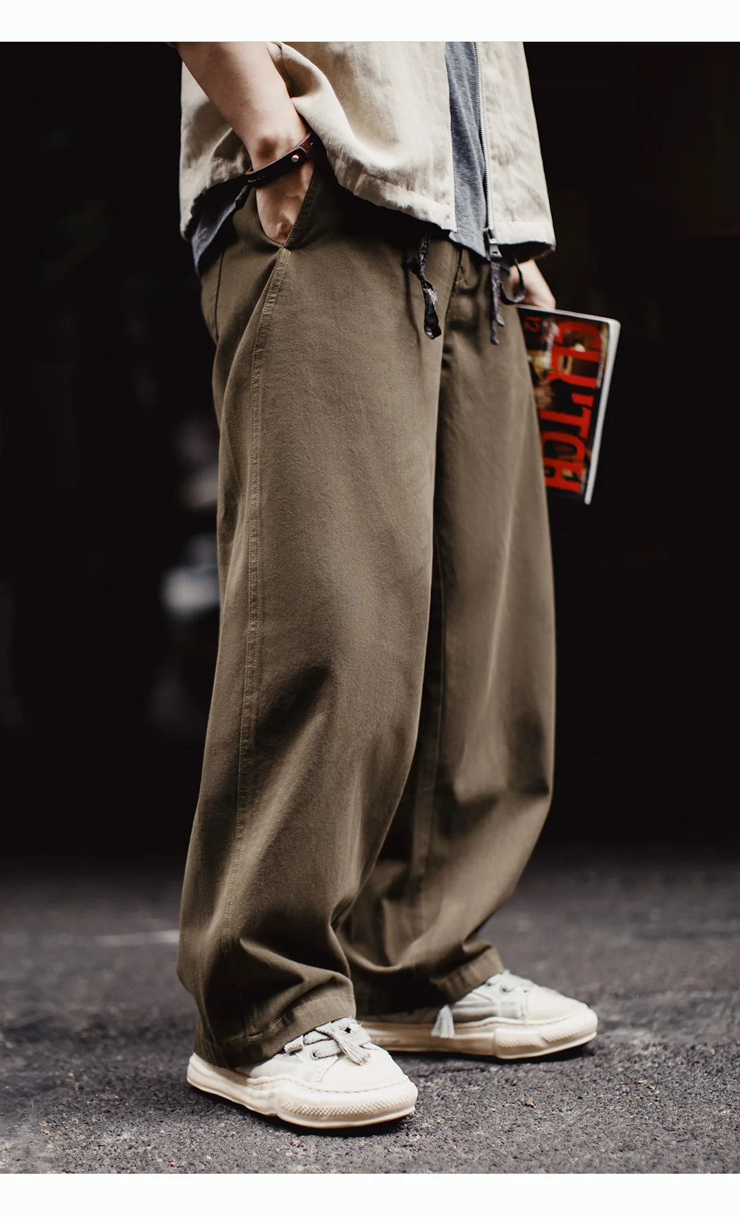 Maden Men's Heavyweight Khaki Workwear Pants Vintage Bootcut Wide Leg Trousers Baggy Fit Casual Streetwear American Retro
