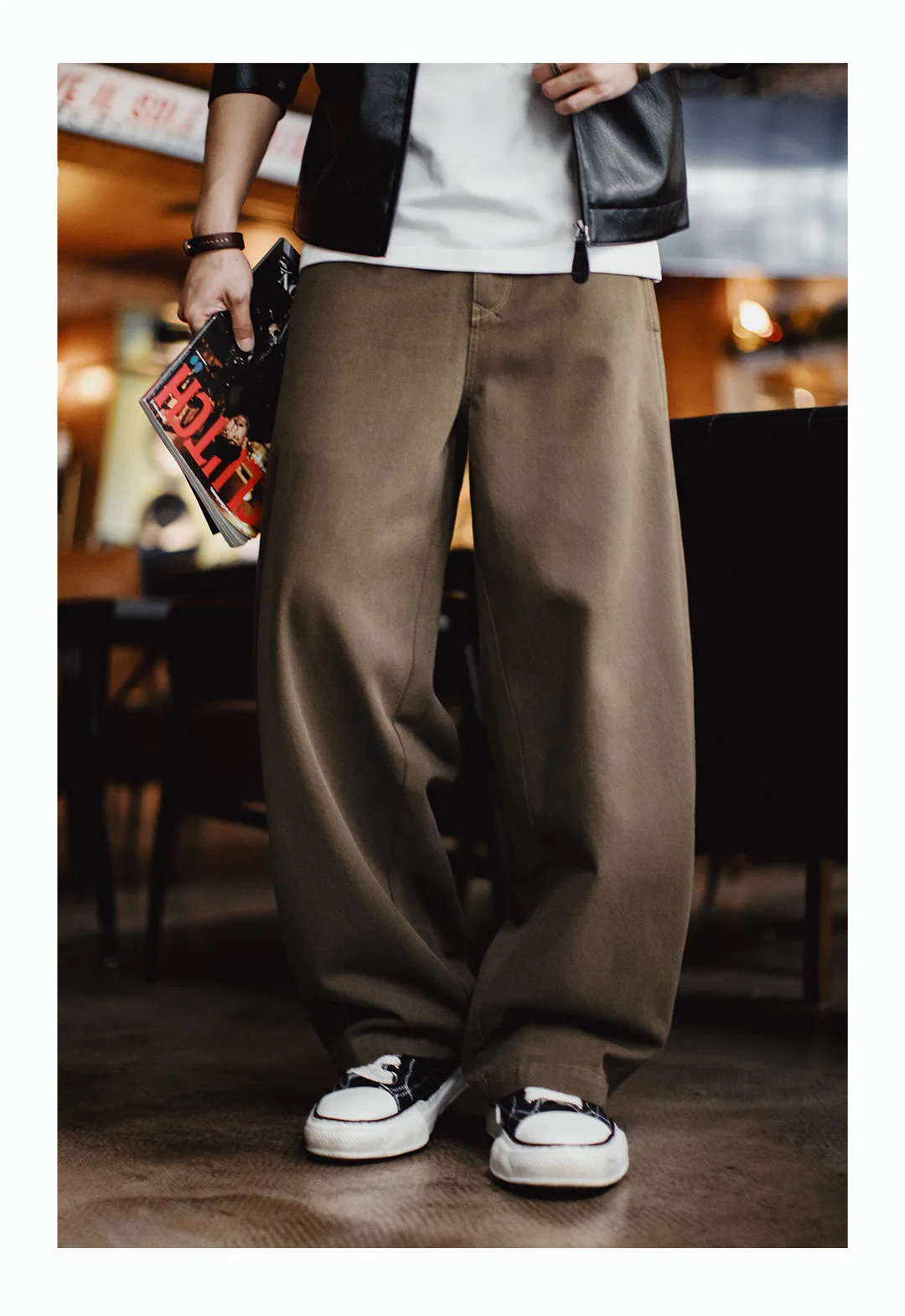 Maden Men's Heavyweight Khaki Workwear Pants Vintage Bootcut Wide Leg Trousers Baggy Fit Casual Streetwear American Retro