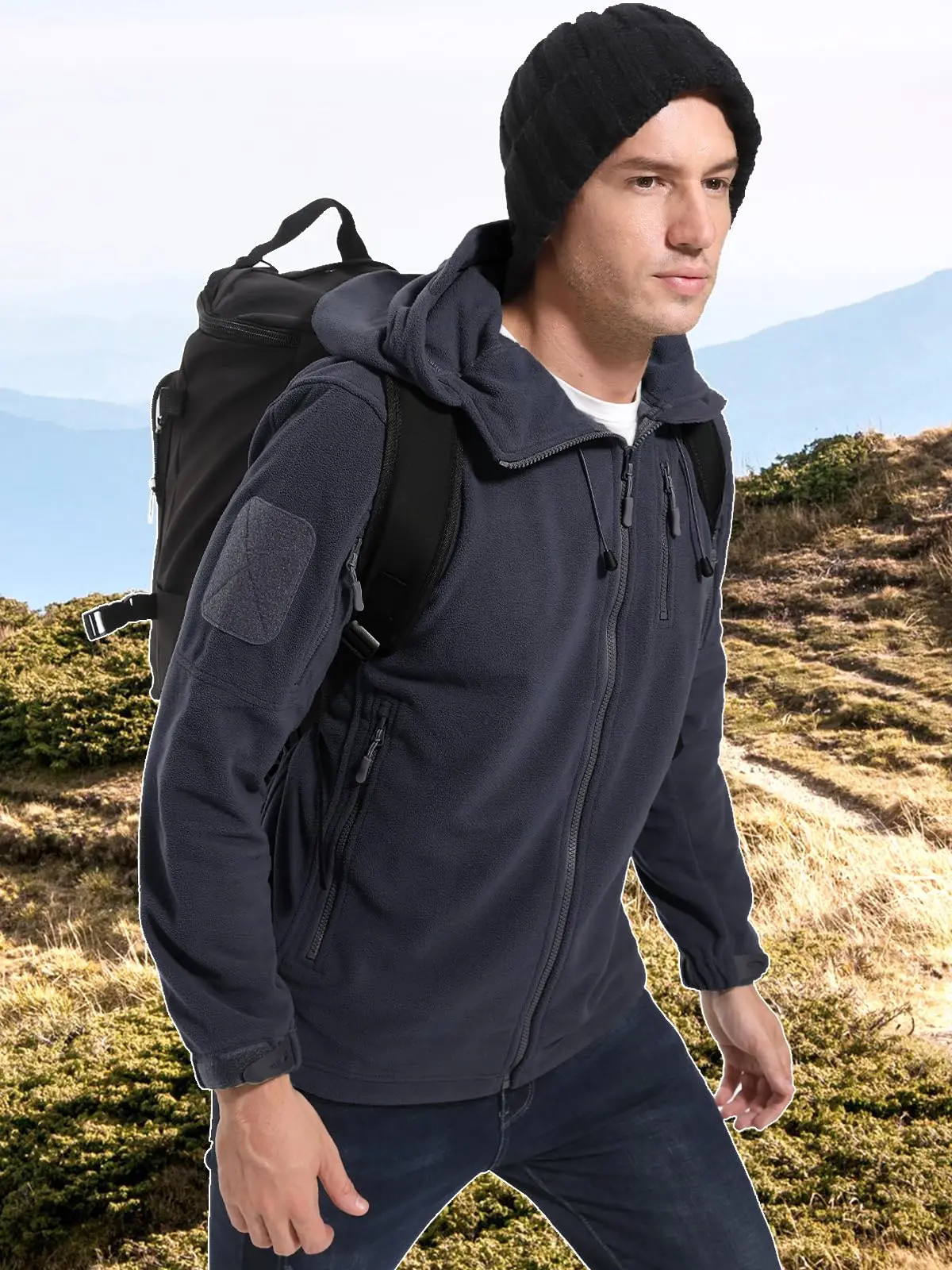 TACVASEN Spring Winter Fleece Jacket With Hoodie Mens Hooded Fleece Jacket Full-Zip Up Outdoor Windproof Hooded Warm Work Coat