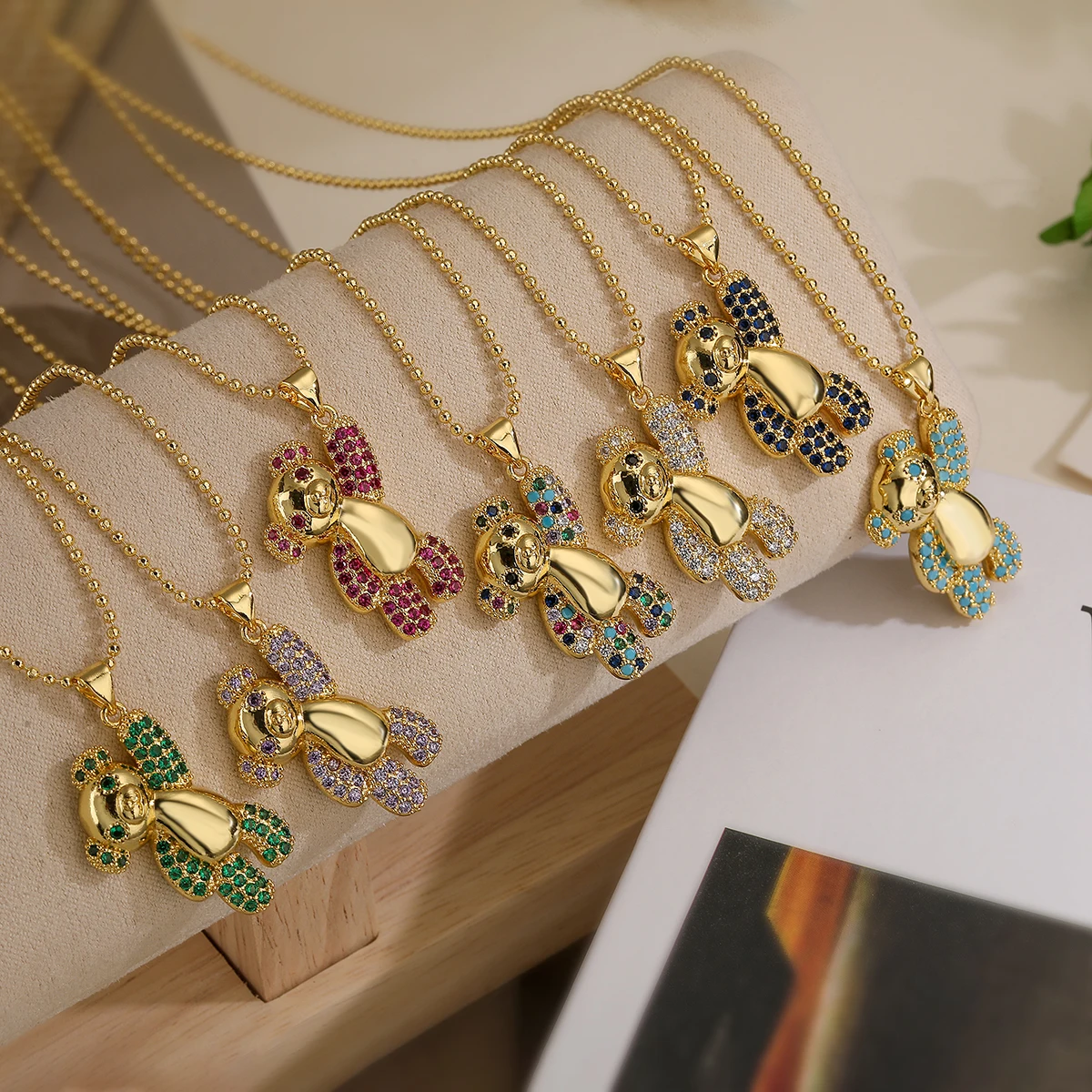 INS Design Happy Bear Pendant Necklaces For Womon,Vintage Cubic Zirconia Accessories, Stainless Steel Chain Jewelry