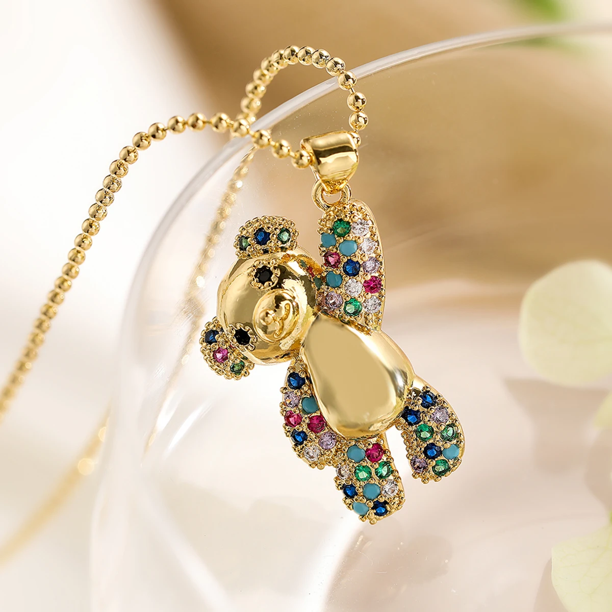 INS Design Happy Bear Pendant Necklaces For Womon,Vintage Cubic Zirconia Accessories, Stainless Steel Chain Jewelry