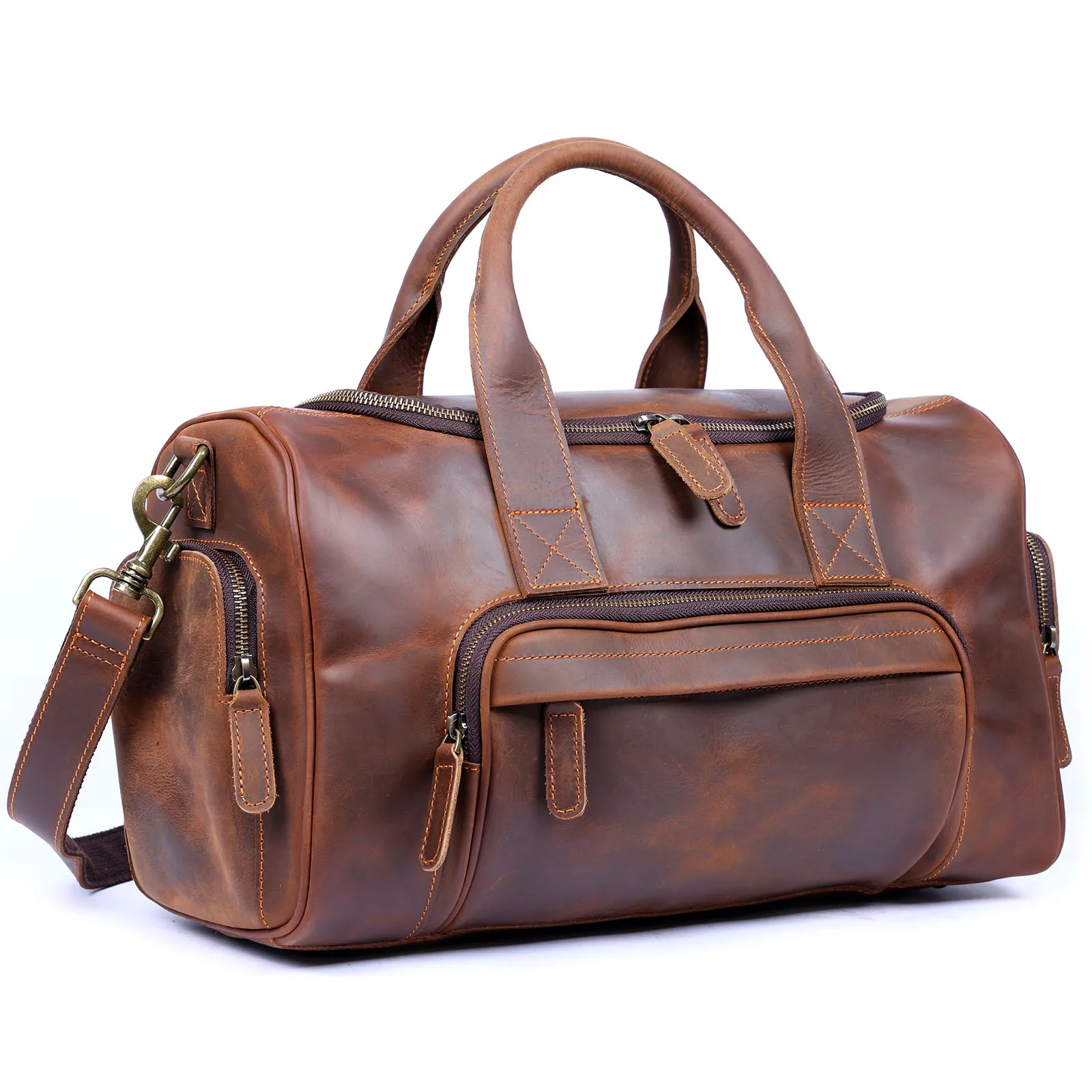 S.WORKER Vintage Genuine Leather Travel Bag Crazy Horse Cowhide Leather Duffel Bag Men's Weekender Bag Gym Bag Carry on Luggage