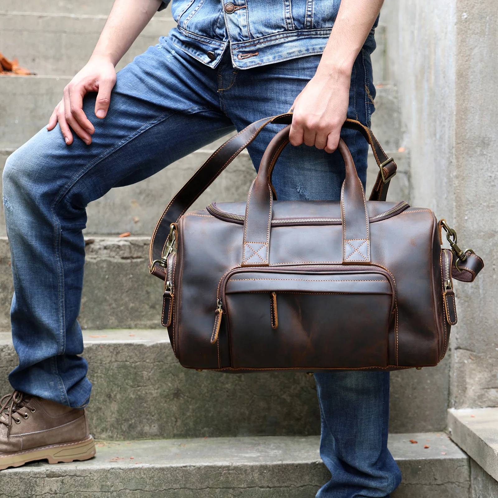 S.WORKER Vintage Genuine Leather Travel Bag Crazy Horse Cowhide Leather Duffel Bag Men's Weekender Bag Gym Bag Carry on Luggage