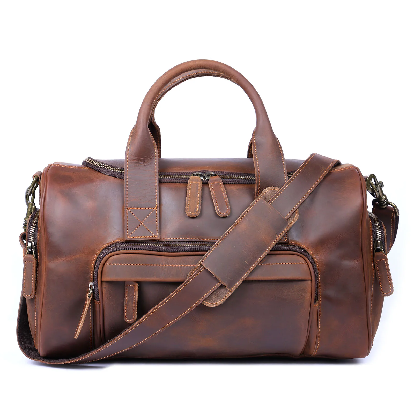 S.WORKER Vintage Genuine Leather Travel Bag Crazy Horse Cowhide Leather Duffel Bag Men's Weekender Bag Gym Bag Carry on Luggage