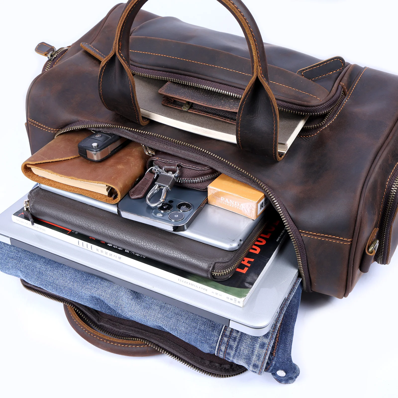 S.WORKER Vintage Genuine Leather Travel Bag Crazy Horse Cowhide Leather Duffel Bag Men's Weekender Bag Gym Bag Carry on Luggage