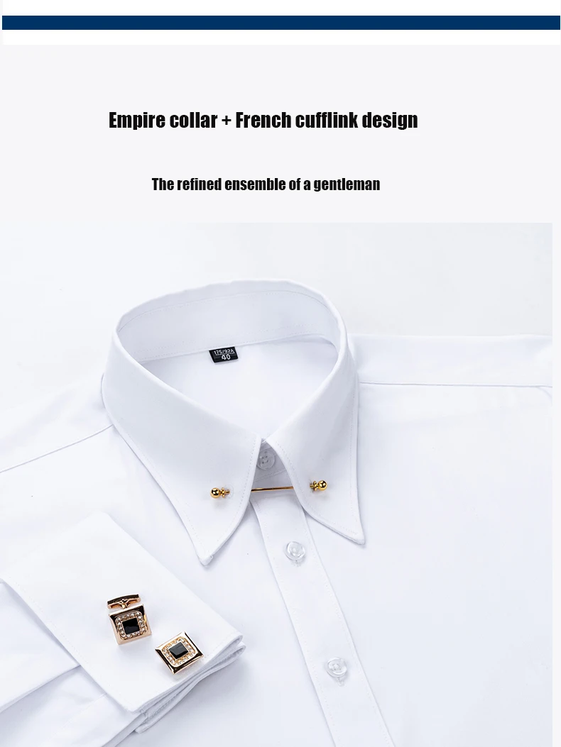 Embroidered French Cufflinks Men's Long-Sleeve Shirt with Collar Pins, Big Collar Dress Shirt for Business Formal Wear, Gentlema