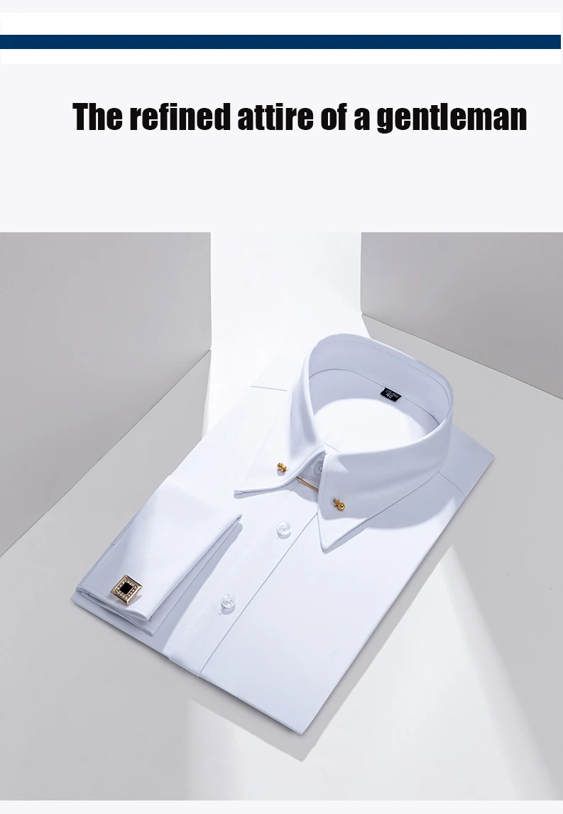 Embroidered French Cufflinks Men's Long-Sleeve Shirt with Collar Pins, Big Collar Dress Shirt for Business Formal Wear, Gentlema
