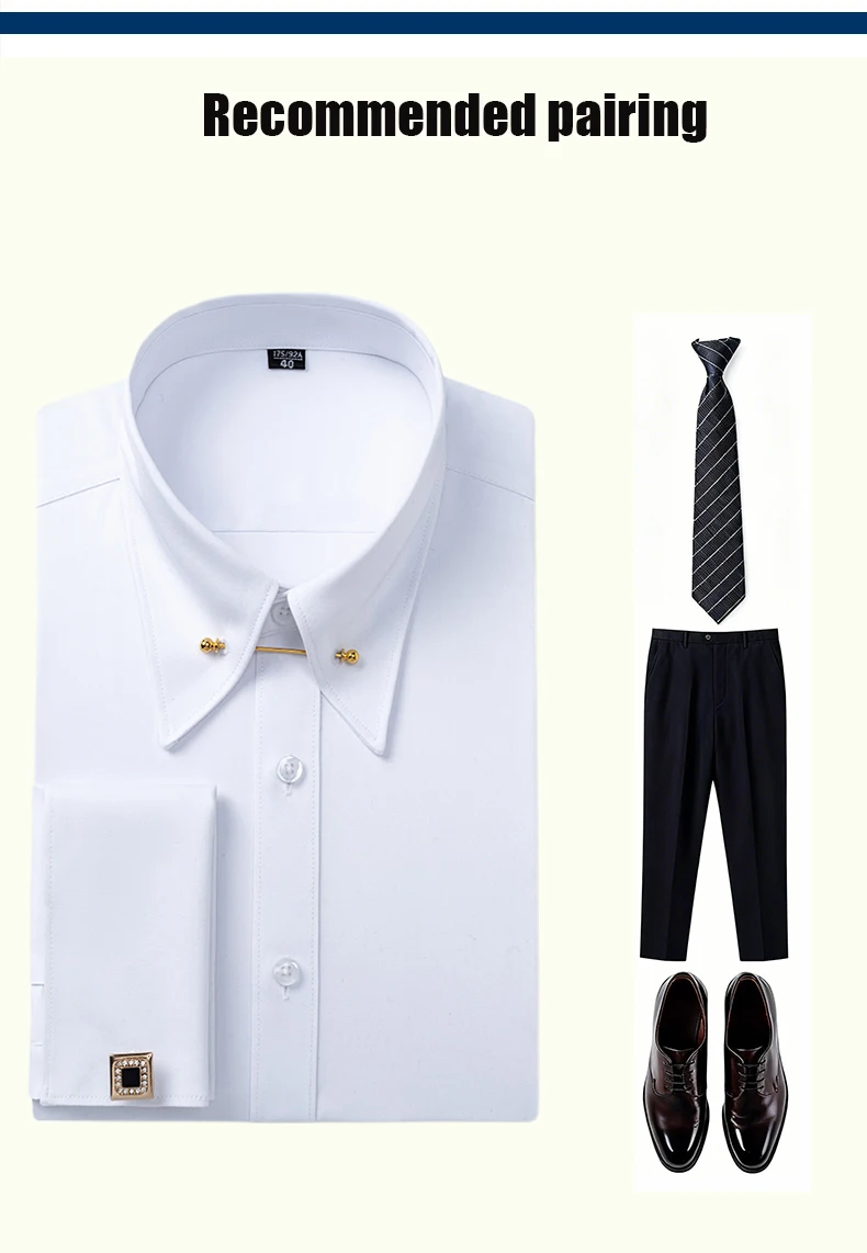 Embroidered French Cufflinks Men's Long-Sleeve Shirt with Collar Pins, Big Collar Dress Shirt for Business Formal Wear, Gentlema