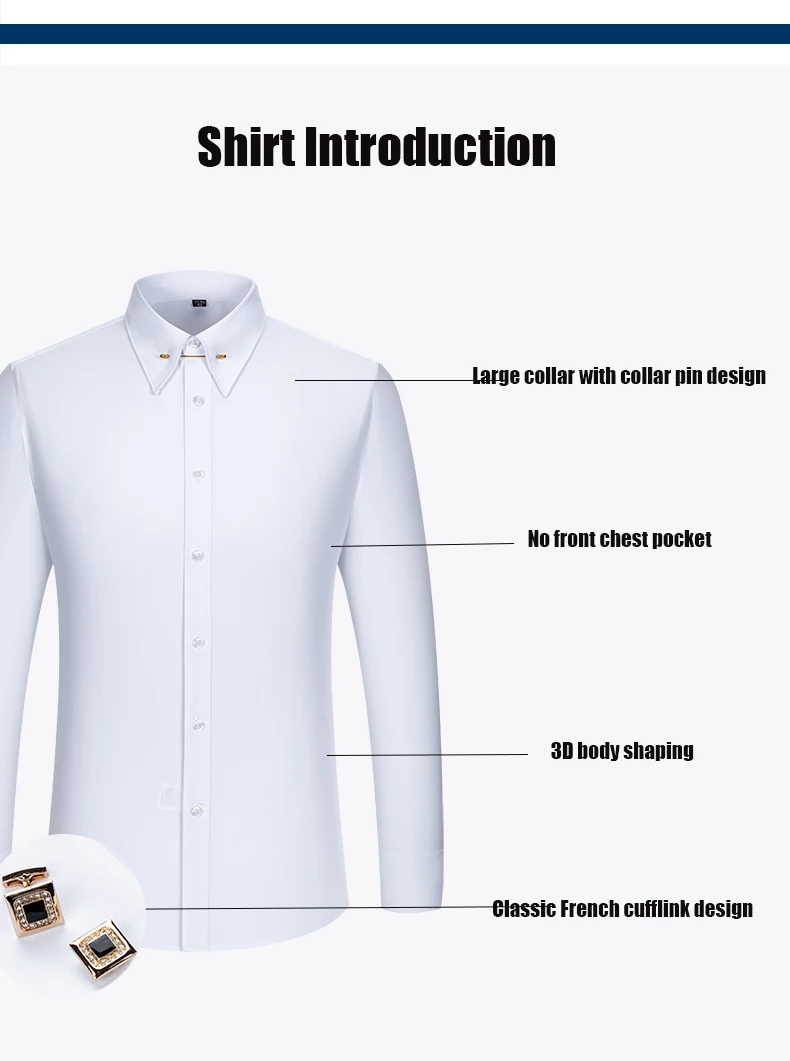 Embroidered French Cufflinks Men's Long-Sleeve Shirt with Collar Pins, Big Collar Dress Shirt for Business Formal Wear, Gentlema
