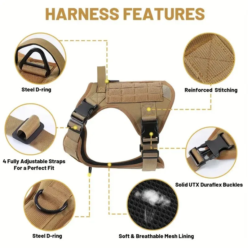 Tactical Dog Harness Adjustable Military Emotional Support Service Dog Vest With Handle & Molle For Medium Large Dogs Easy Contr