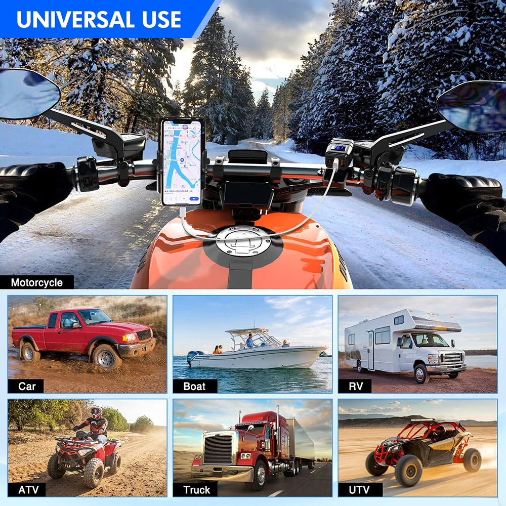 Motorcycle Vehicle-Mounted Charger Waterproof Adapter 12V-24V Phone USB PD Ports Quick Charge 3.0 With Switch Digital Voltmeter