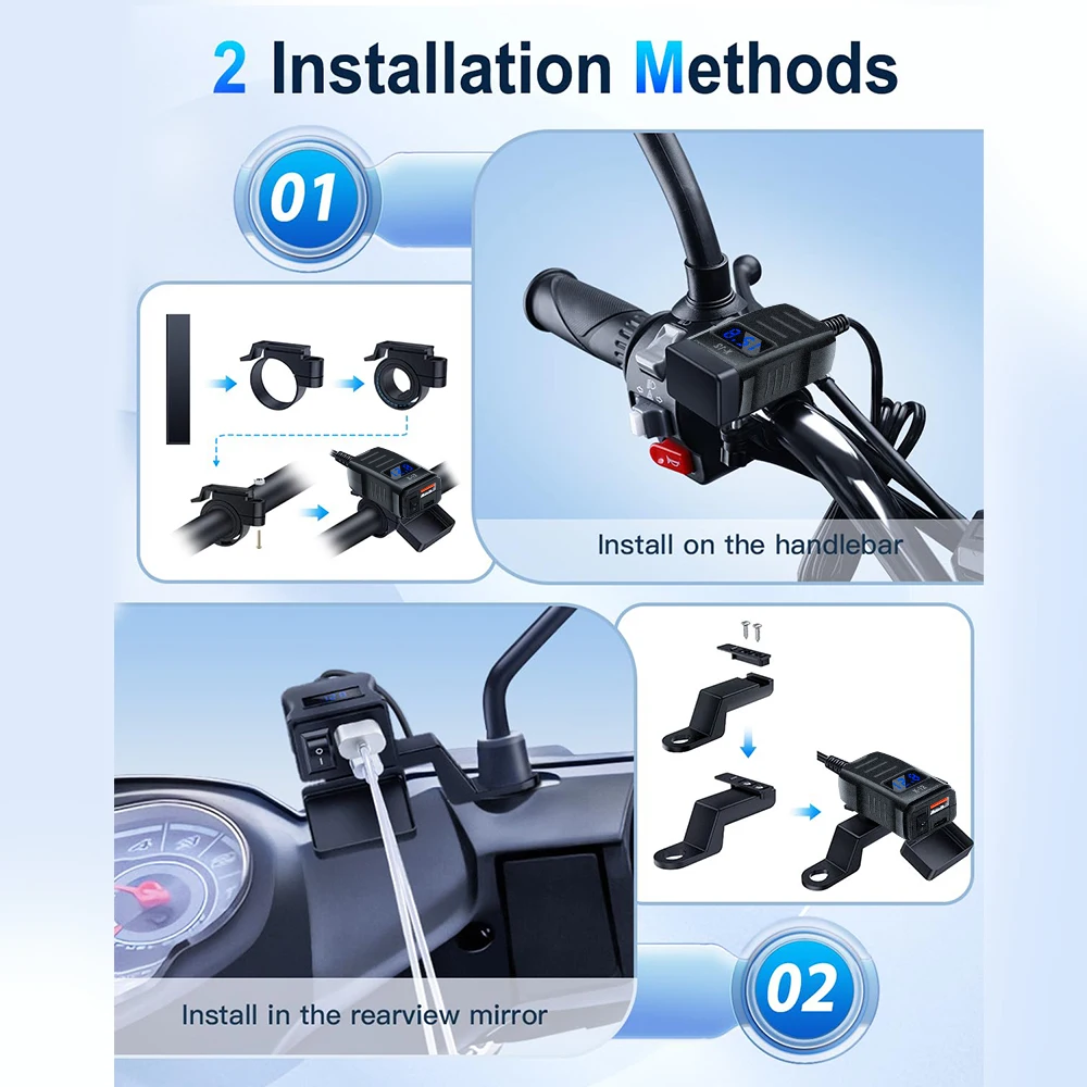 Motorcycle Vehicle-Mounted Charger Waterproof Adapter 12V-24V Phone USB PD Ports Quick Charge 3.0 With Switch Digital Voltmeter