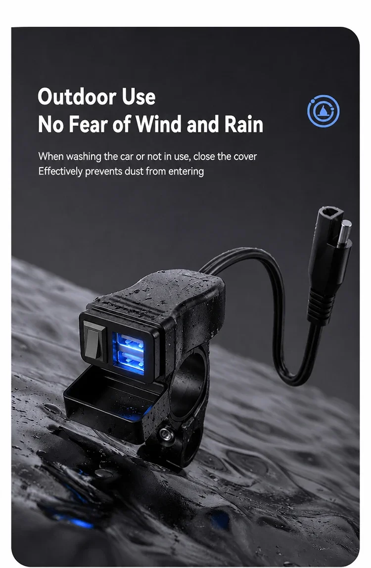 Dual QC3.0 Motorcycle USB Fast Charger Supports 12V-40V Power Supply Adapter Socket Connector with Switch LED Voltmeter Display