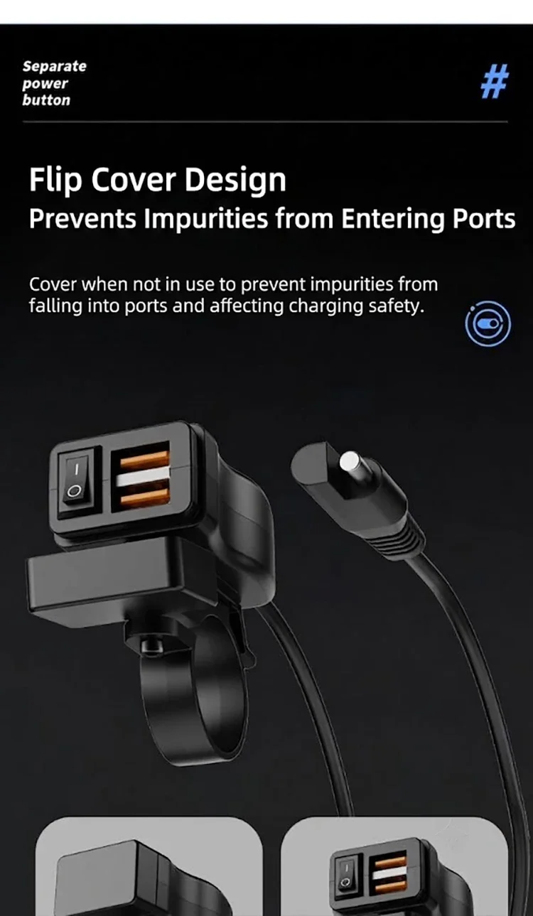Dual QC3.0 Motorcycle USB Fast Charger Supports 12V-40V Power Supply Adapter Socket Connector with Switch LED Voltmeter Display