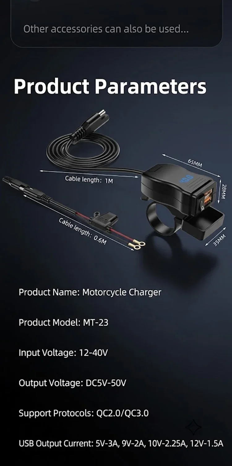 Dual QC3.0 Motorcycle USB Fast Charger Supports 12V-40V Power Supply Adapter Socket Connector with Switch LED Voltmeter Display