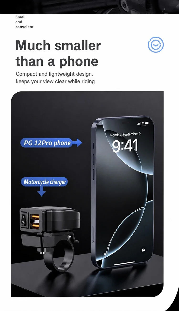 Dual QC3.0 Motorcycle USB Fast Charger Supports 12V-40V Power Supply Adapter Socket Connector with Switch LED Voltmeter Display