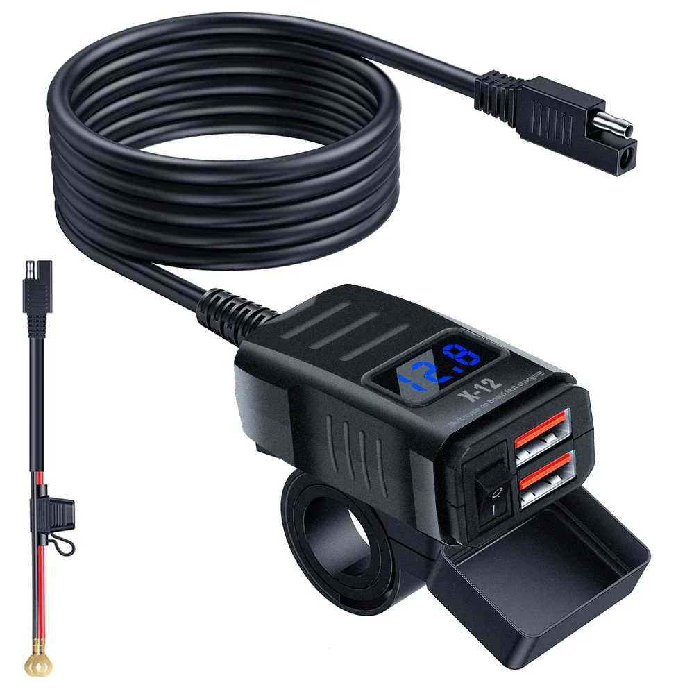 Dual QC3.0 Motorcycle USB Fast Charger Supports 12V-40V Power Supply Adapter Socket Connector with Switch LED Voltmeter Display