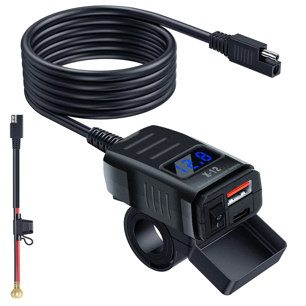 Dual QC3.0 Motorcycle USB Fast Charger Supports 12V-40V Power Supply Adapter Socket Connector with Switch LED Voltmeter Display