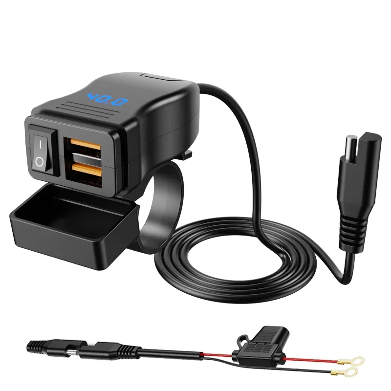 Dual QC3.0 Motorcycle USB Fast Charger Supports 12V-40V Power Supply Adapter Socket Connector with Switch LED Voltmeter Display