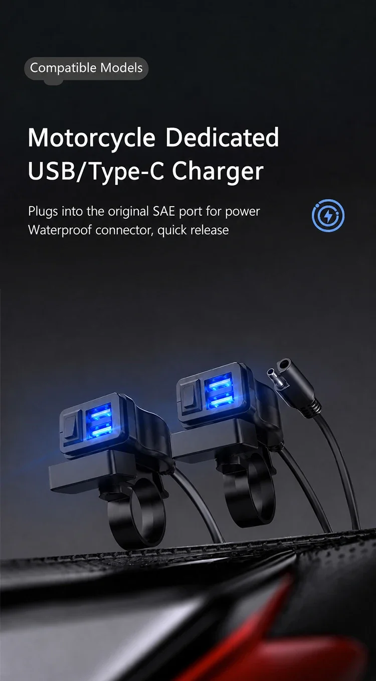 Dual QC3.0 Motorcycle USB Fast Charger Supports 12V-40V Power Supply Adapter Socket Connector with Switch LED Voltmeter Display