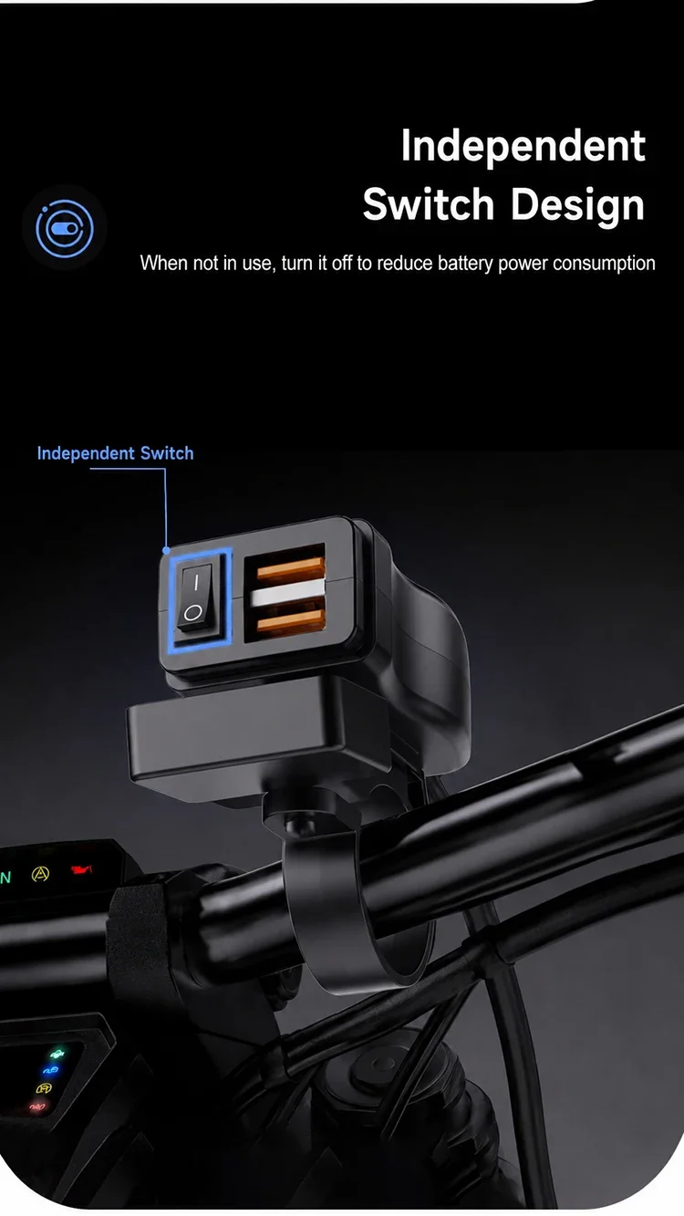 Dual QC3.0 Motorcycle USB Fast Charger Supports 12V-40V Power Supply Adapter Socket Connector with Switch LED Voltmeter Display