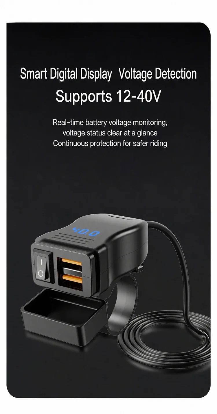 Dual QC3.0 Motorcycle USB Fast Charger Supports 12V-40V Power Supply Adapter Socket Connector with Switch LED Voltmeter Display